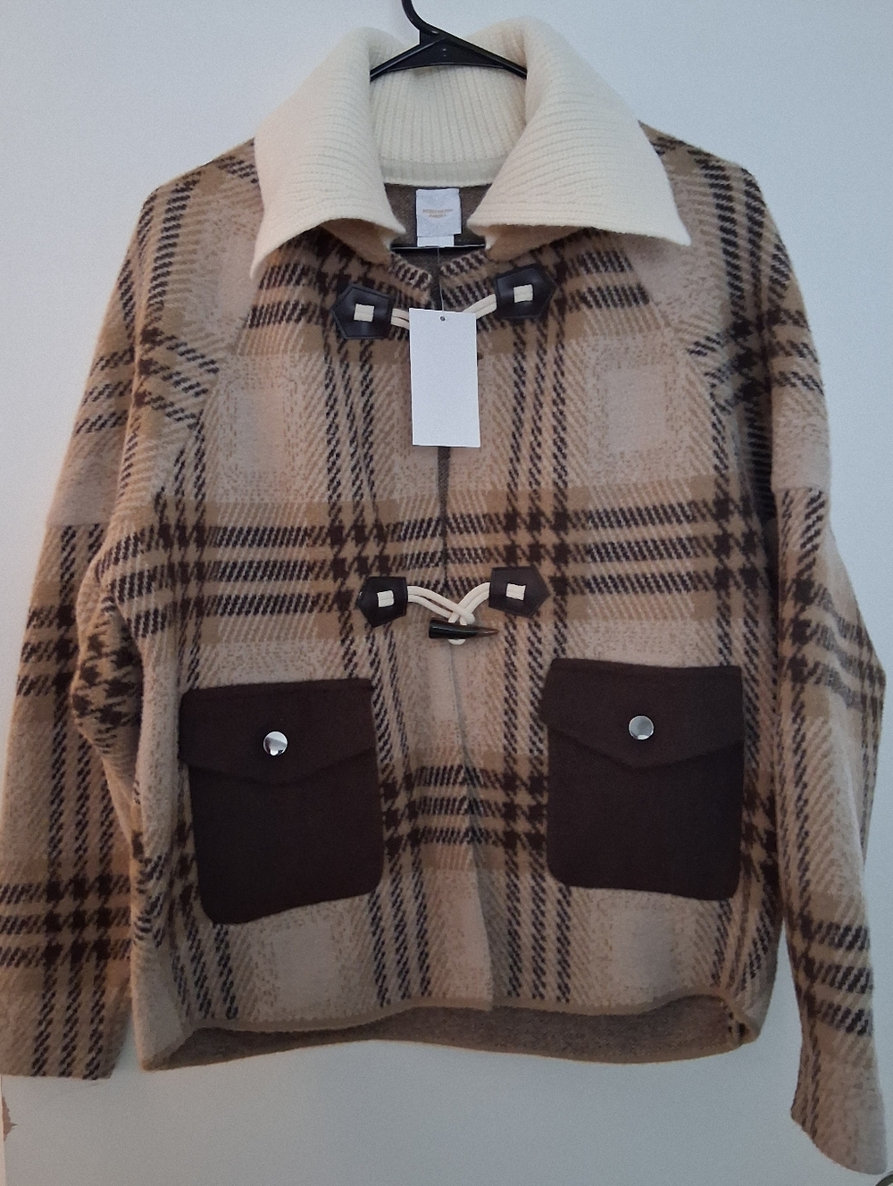 Plaid Toggle Wool Jacket with Contrast Pockets